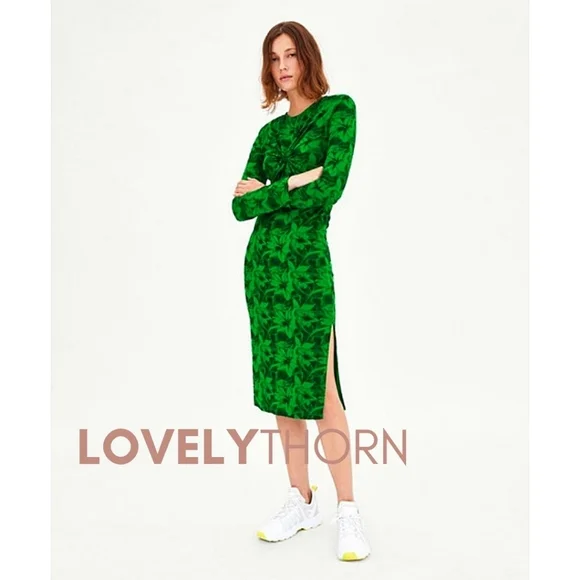 ZARA // kelly green floral printed fitted long sleeve side slit midi dress - Picture 10 of 11